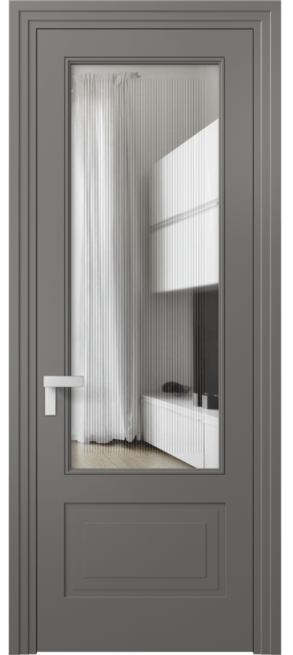 Межкомнатная дверь Rocca 8342 Матовый классический серый Прозрачное стекло с гравировкой "Каннелюры", триплекс Цена 96490 ₽ | Volhovec