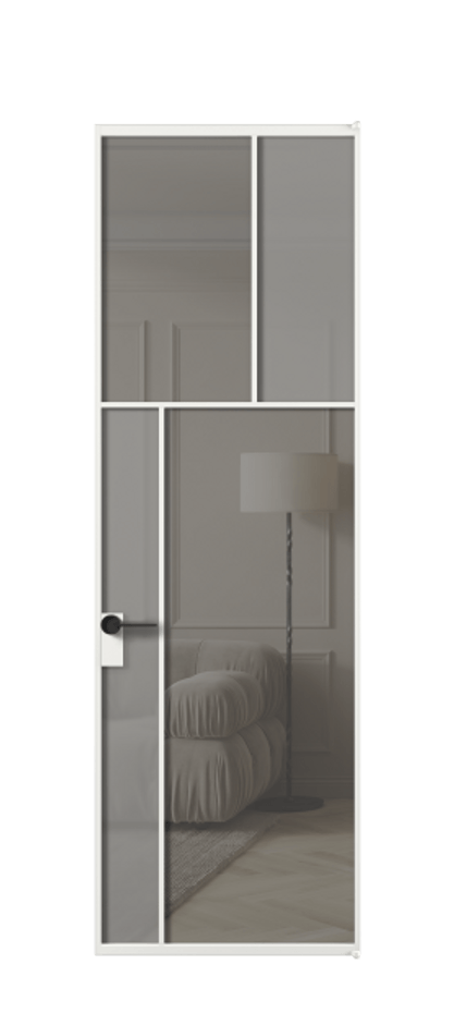 Межкомнатная дверь Мозаик АЛПЛ041.22 Алюминий белоснежный Сатинированное серое стекло, триплекс, 6 мм + Прозрачное серое стекло, триплекс Цена 174160 ₽ | Volhovec