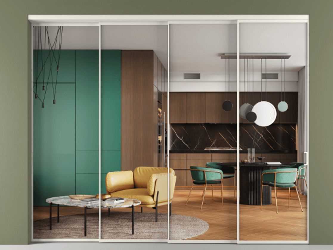 Перегородка Formato внутри проёма 4 створки с синхронным механизмом АЛПР 040.01 Алюминий Белый Прозрачное стекло "Crystal Vision", калёное Цена 536030 ₽ | Volhovec