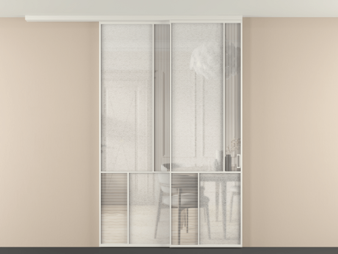 Перегородка Mosaic вдоль стены на потолок 2 створки с синхронным механизмом АЛПР 041.21 Алюминий Белый Рифлёное стекло "Дюна", триплекс, 6 мм + Фактурное стекло "Лёд", триплекс Цена 362800 ₽ | Volhovec