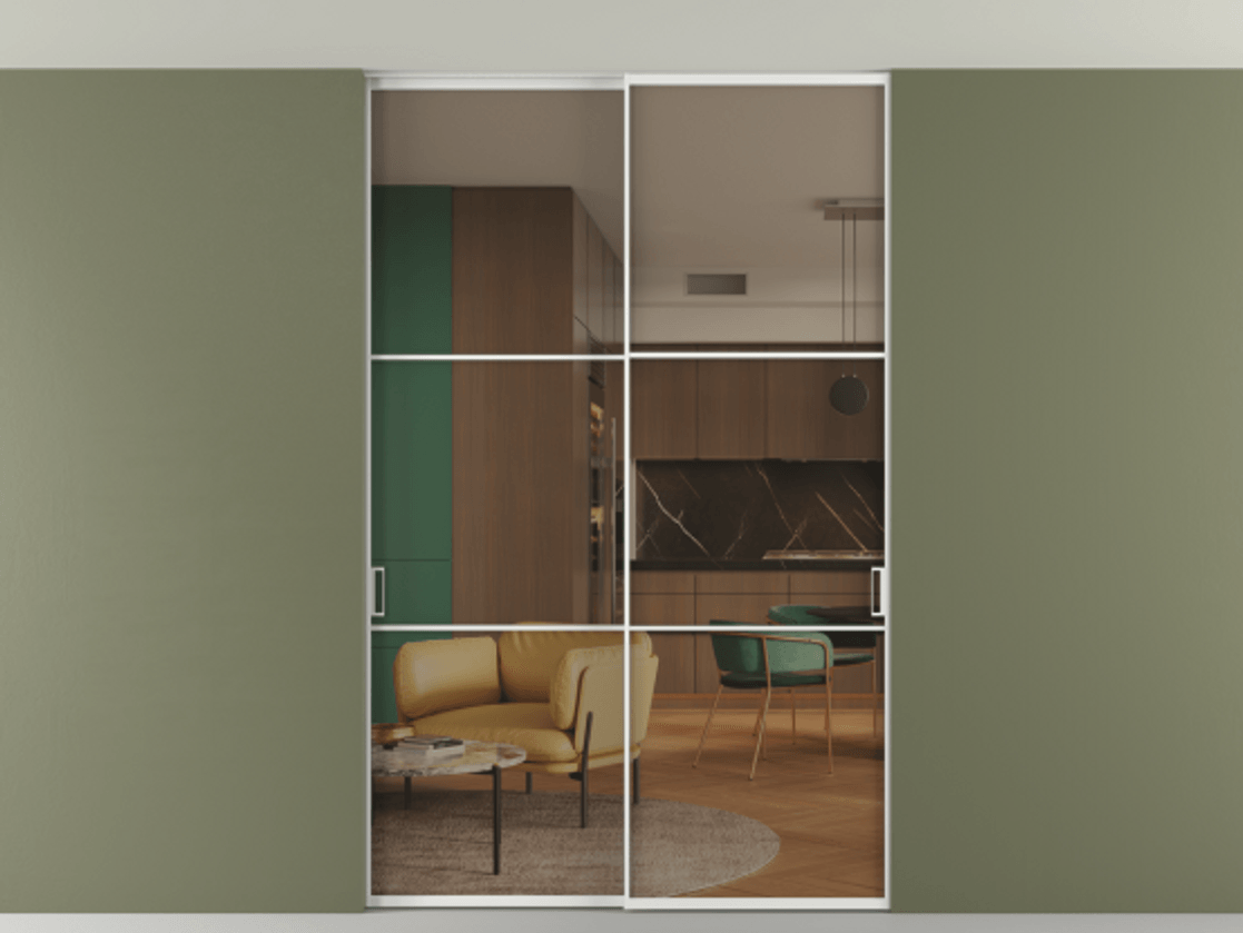 Перегородка Формато внутри проёма скрытое крепление в потолок 2 створки АЛПР 040.03 Алюминий белоснежный Прозрачное бронзовое стекло, триплекс Цена 304000 ₽ | Volhovec