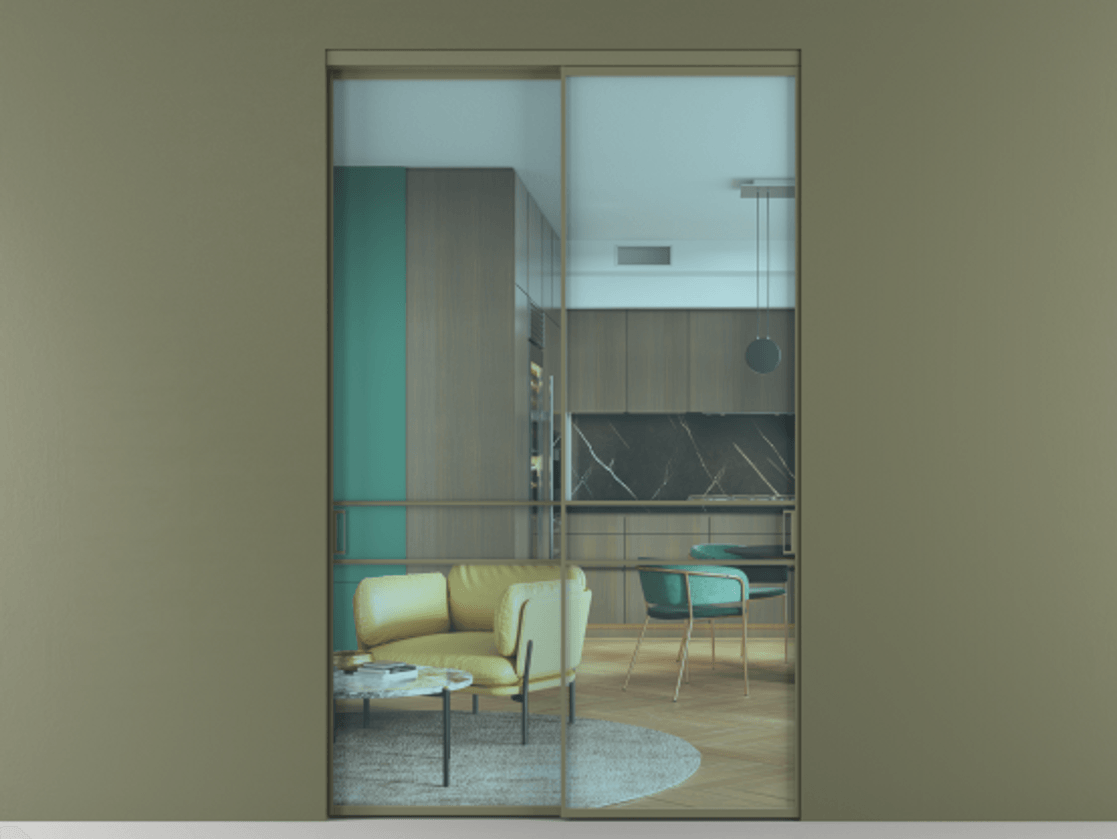 Перегородка Formato внутри проёма 2 створки АЛПР 040.02 Алюминий оливковый тёмный Прозрачное голубое стекло, триплекс Цена 453870 ₽  | Volhovec