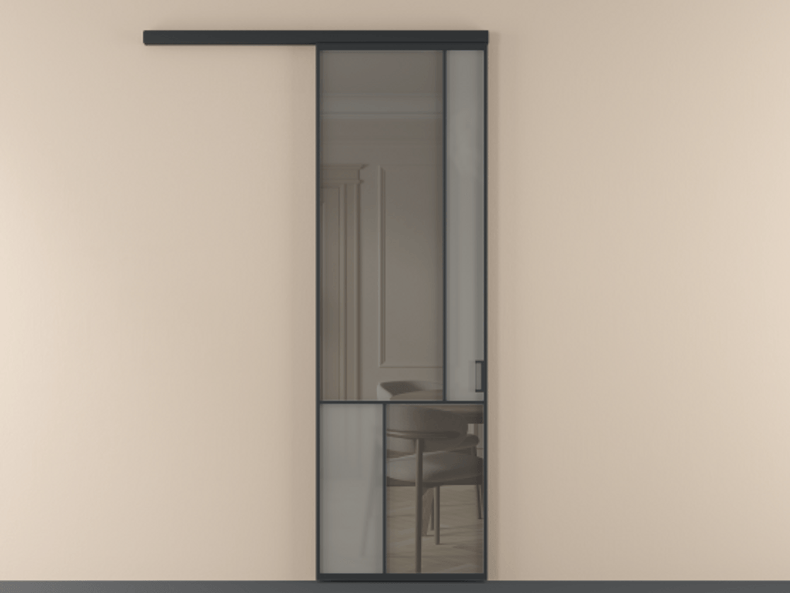 Перегородка Mosaic вдоль стены 1 створка АЛПР 041.21 Алюминий Черный Сатинированное серое стекло, триплекс, 6 мм + Прозрачное серое стекло, триплекс Цена 137960 ₽ | Volhovec