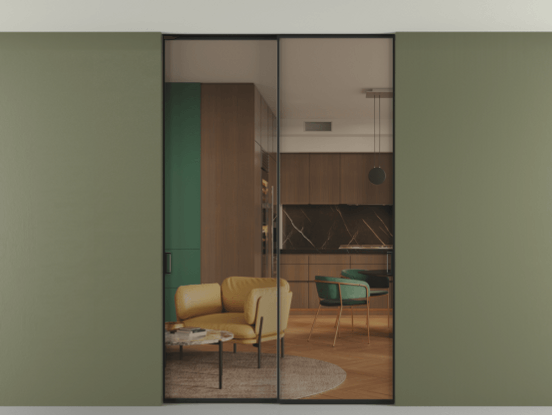 Перегородка Formato внутри проёма скрытое крепление в потолок 2 створки АЛПР 040.01 Алюминий Черный Прозрачное бронзовое стекло, триплекс Цена 253040 ₽ | Volhovec