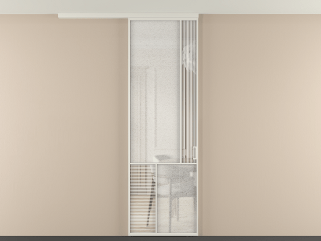 Перегородка Mosaic вдоль стены на потолок 1 створка АЛПР 041.21 Алюминий Белый Рифлёное стекло "Дюна", триплекс, 6 мм + Фактурное стекло "Лёд", триплекс Цена 144440 ₽ | Volhovec