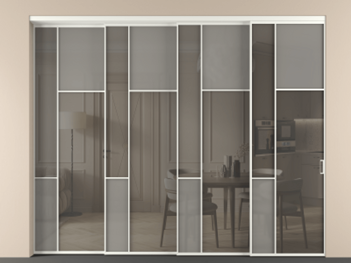 Перегородка Мозаик внутри проёма 4 створки с синхронным механизмом АЛПР 041.11 Алюминий тёплый серый Сатинированное серое стекло, триплекс, 6 мм + Прозрачное серое стекло, триплекс Цена 616900 ₽ | Volhovec