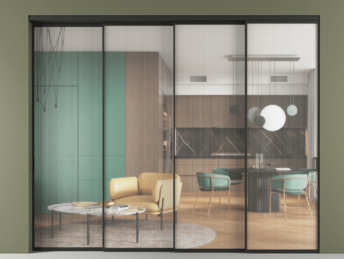 Перегородка Формато внутри проёма 4 створки с синхронным механизмом АЛПР 040.01 Алюминий Черный Рифлёное стекло "Мору", триплекс Цена 536030 ₽ | Volhovec