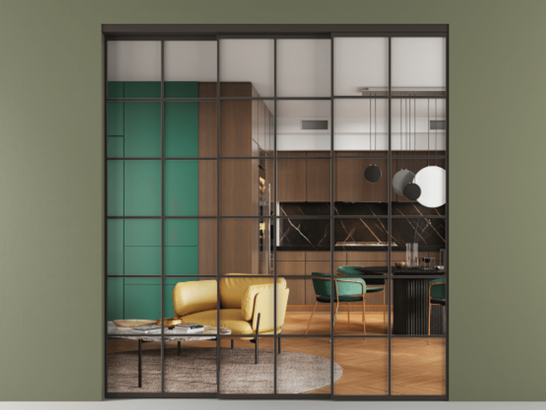 Перегородка Формато внутри проёма 3 створки с синхронным механизмом АЛПР 040.05 Алюминий антрацит Прозрачное стекло "Кристал Вижн", калёное Цена 458850 ₽  | Volhovec