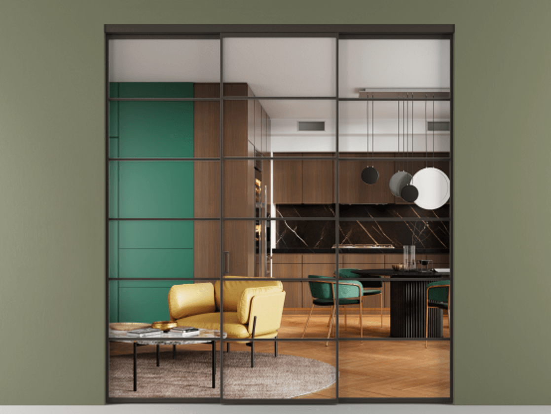 Перегородка Формато внутри проёма 3 створки АЛПР 040.04 Алюминий антрацит Прозрачное стекло "Кристал Вижн", калёное Цена 358050 ₽ | Volhovec