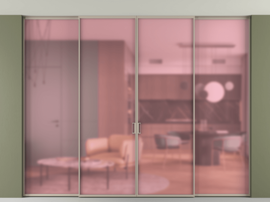 Перегородка Formato внутри проёма скрытое крепление в потолок 4 створки АЛПР 040.01 Алюминий бисквитный Сатинированное розовое стекло, триплекс Цена 459950 ₽ | Volhovec