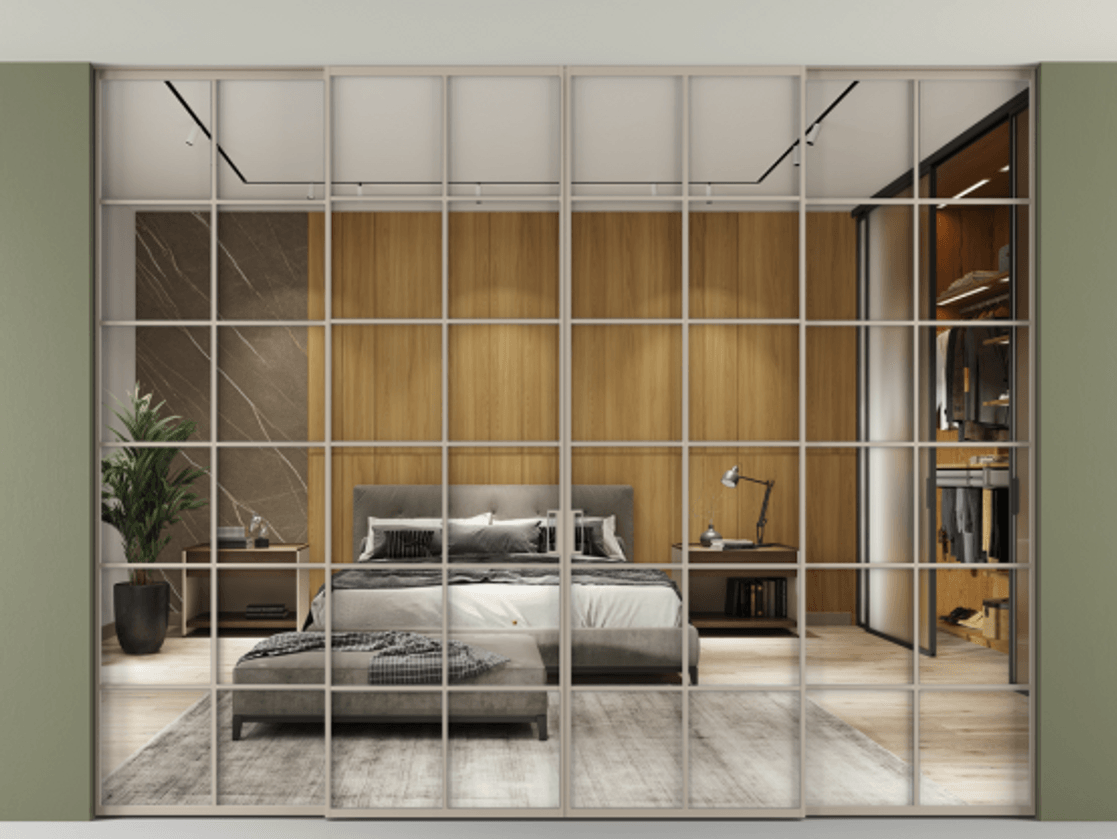 Перегородка Формато внутри проёма скрытое крепление в потолок 4 створки АЛПР 040.05 Алюминий бисквитный Двустороннее зеркало, триплекс , триплекс 6 мм Цена 585330 ₽ | Volhovec