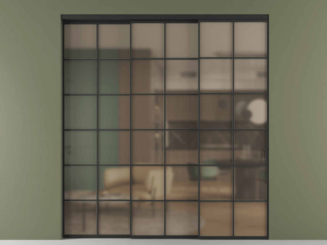 Перегородка Формато внутри проёма 3 створки с синхронным механизмом АЛПР 040.05 Алюминий Черный Сатинированное бронзовое стекло, триплекс Цена 413390 ₽  | Volhovec