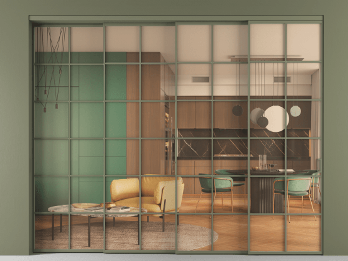 Перегородка Formato внутри проёма 4 створки с синхронным механизмом АЛПР 040.05 Алюминий оливковый тёмный Прозрачное оранжевое стекло, триплекс Цена 513110 ₽ | Volhovec