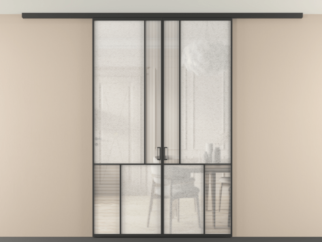 Перегородка Mosaic вдоль стены на потолок 2 створки АЛПР 041.20 Алюминий Черный Рифлёное стекло "Дюна", триплекс, 6 мм + Фактурное стекло "Лёд", триплекс Цена 281740 ₽ | Volhovec