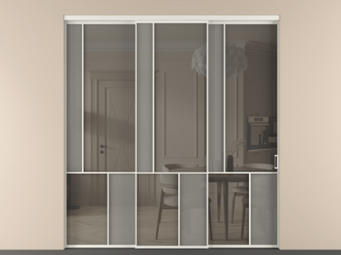 Перегородка Мозаик внутри проёма 3 створки с синхронным механизмом АЛПР 041.20  Алюминий Белый Сатинированное серое стекло, триплекс, 6 мм + Прозрачное серое стекло, триплекс Цена 437920 ₽ | Volhovec