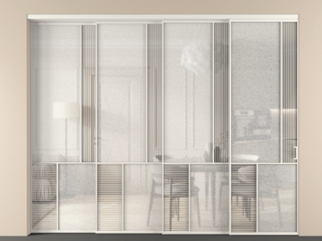 Перегородка Mosaic внутри проёма 4 створки с синхронным механизмом АЛПР 041.21 Алюминий Белый Рифлёное стекло "Дюна", триплекс, 6 мм + Фактурное стекло "Лёд", триплекс Цена 621660 ₽ | Volhovec