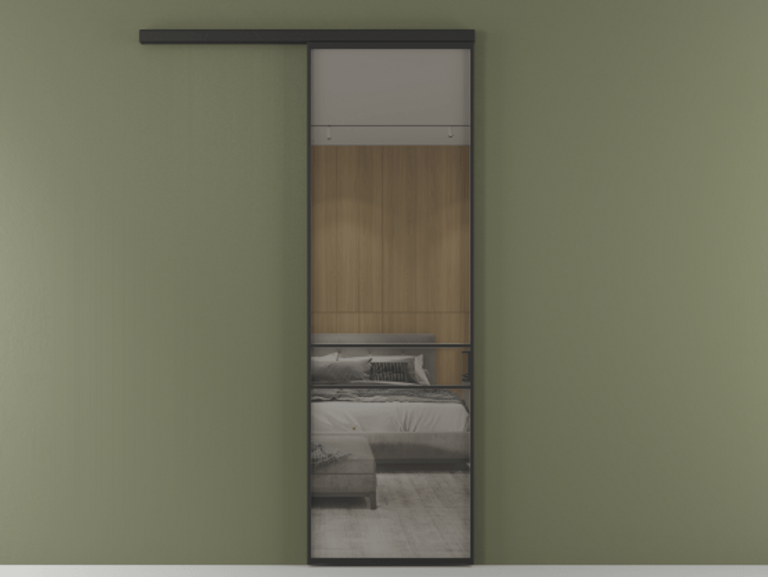 Перегородка Формато вдоль стены 1 створка АЛПР 040.02 Алюминий Черный Рефлективное серое стекло "Стопсол", калёное Цена 130410 ₽  | Volhovec