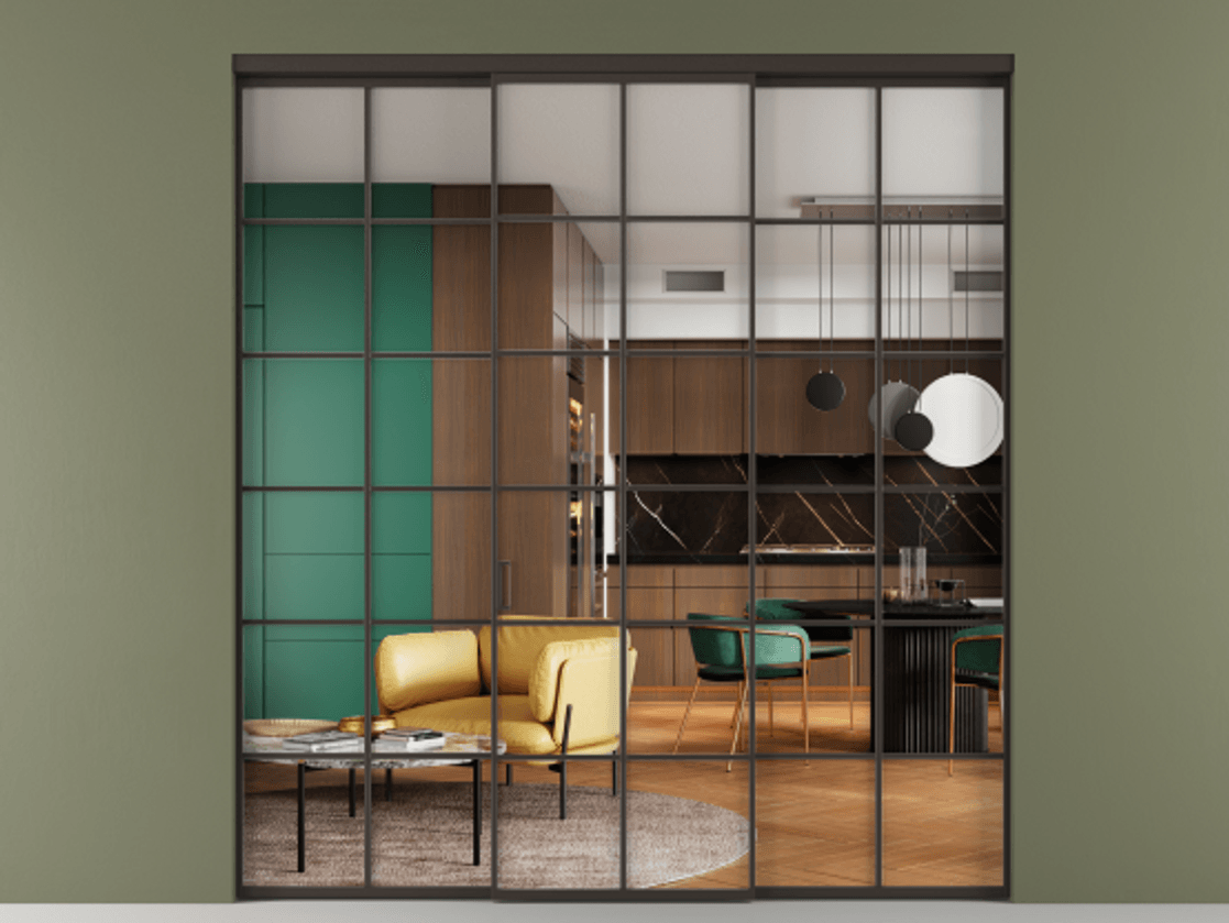 Перегородка Формато внутри проёма 3 створки АЛПР 040.05 Алюминий антрацит Прозрачное стекло "Кристал Вижн", калёное Цена 358050 ₽ | Volhovec