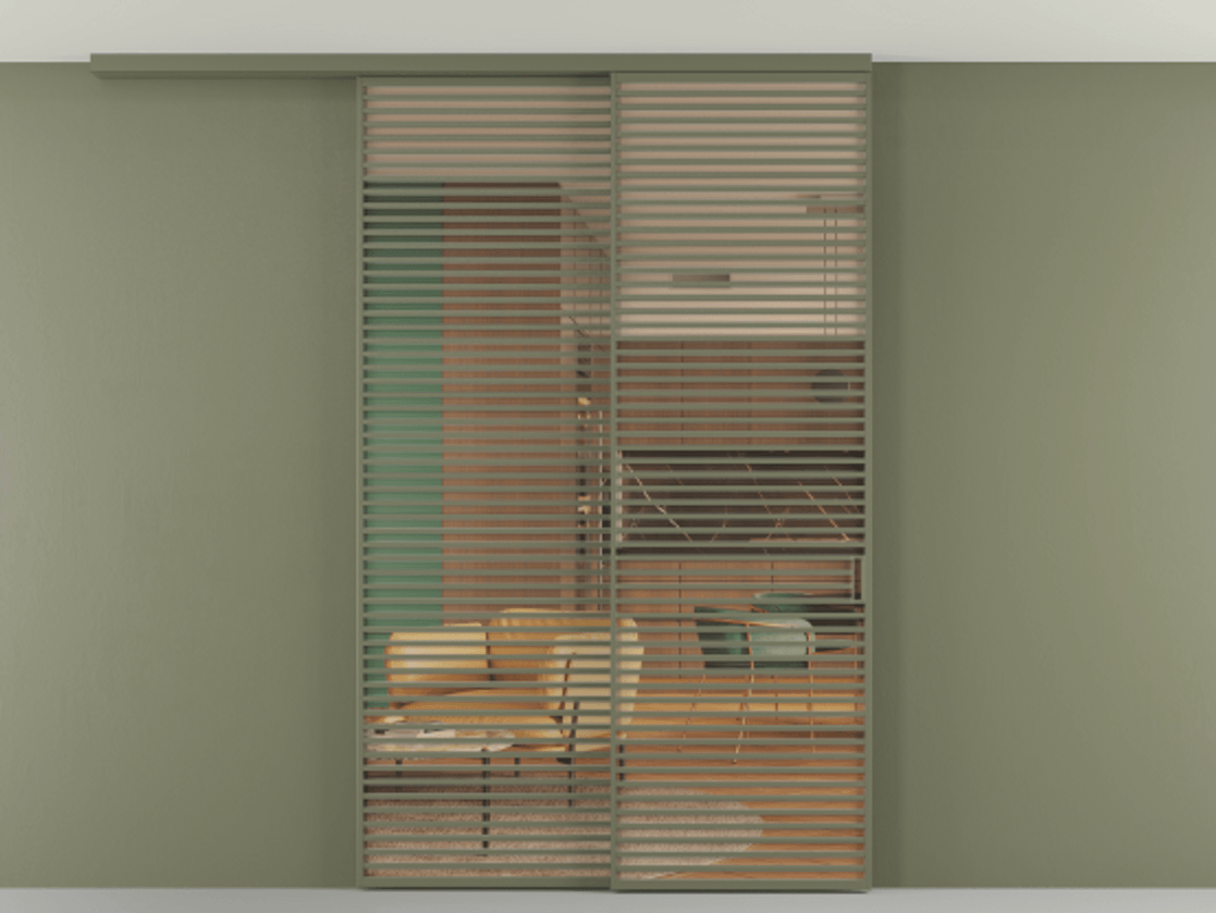 Перегородка Formato вдоль стены на потолок 2 створки с синхронным механизмом АЛПР 040.07 Алюминий оливковый тёмный Прозрачное оранжевое стекло, триплекс Цена 472980 ₽ | Volhovec