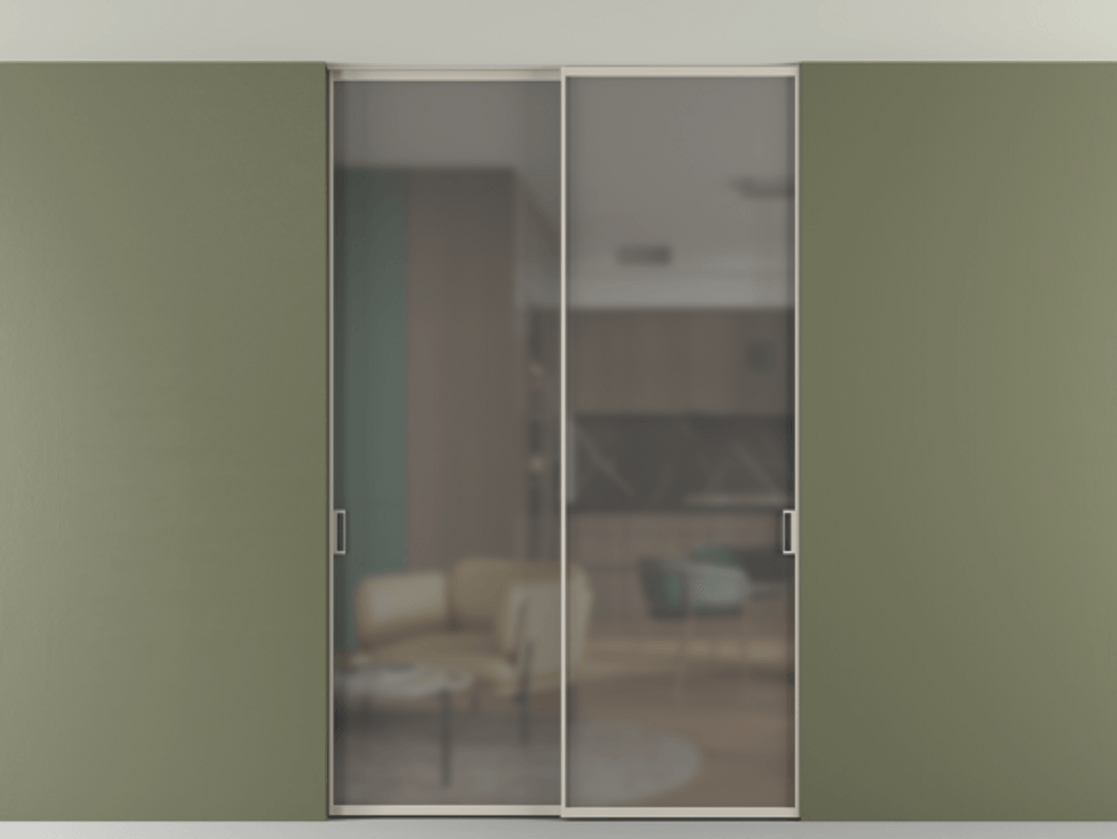 Перегородка Формато внутри проёма скрытое крепление в потолок 2 створки АЛПР 040.01 Алюминий светло-бежевый Сатинированное серое стекло, триплекс Цена 291520 ₽ | Volhovec