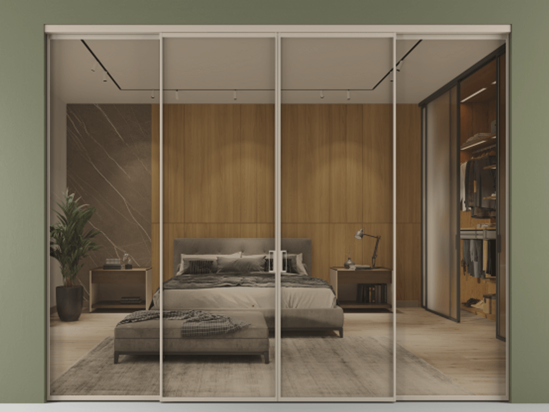 Перегородка Формато внутри проёма 4 створки АЛПР 040.01 Алюминий бисквитный Рефлективное бронзовое стекло "Стопсол", калёное Цена 427980 ₽  | Volhovec