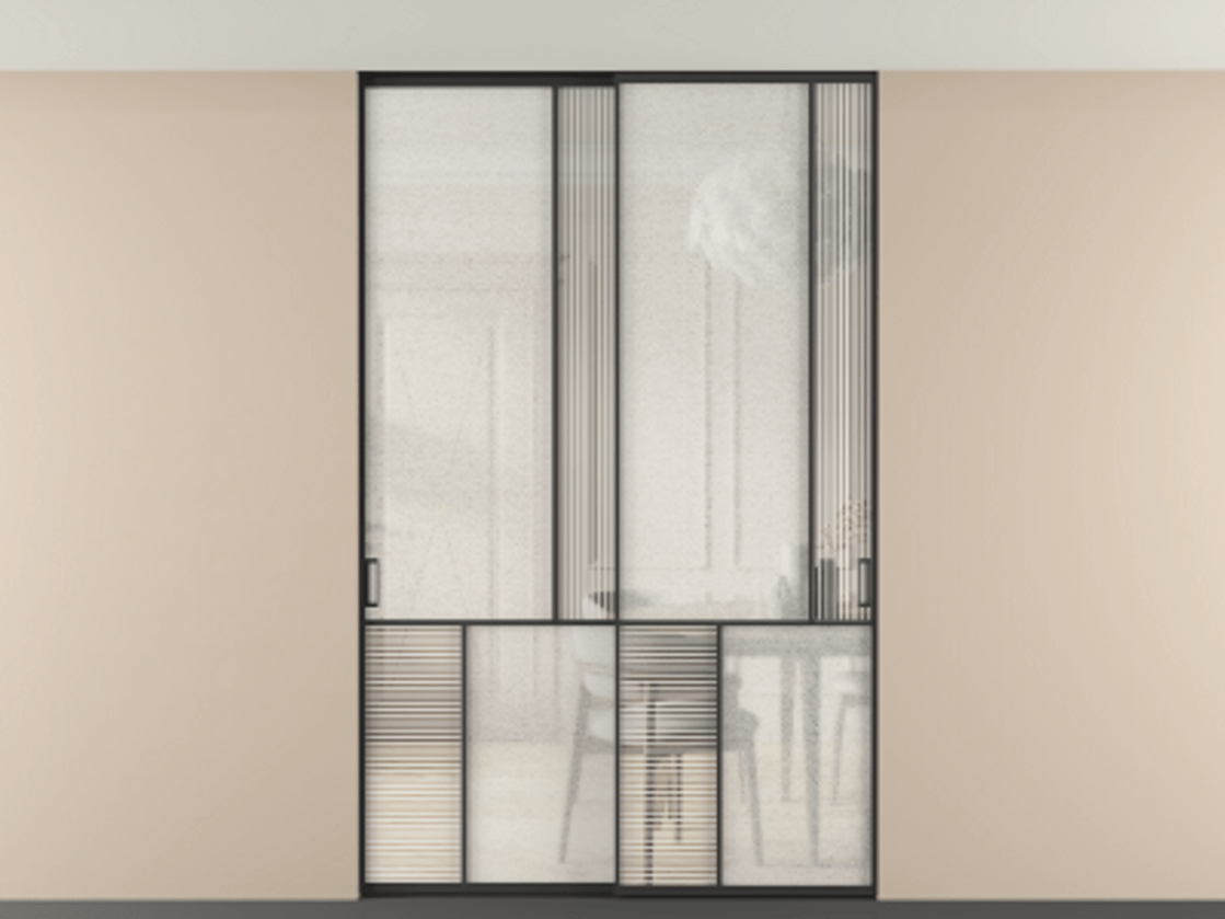 Перегородка Mosaic внутри проёма скрытое крепление в потолок 2 створки АЛПР 041.21 Алюминий Черный Рифлёное стекло "Дюна", триплекс, 6 мм + Фактурное стекло "Лёд", триплекс Цена 347570 ₽ | Volhovec