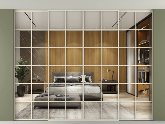 Алюминевая перегородка vn2+2_05 Алюминий бежево-серый Двустороннее зеркало. Цвет Алюминий бежево-серый. Материал Алюминий в эмали. Коллекция Перегородка Формато внутри проёма скрытое крепление в потолок 4 створки. Картинка.