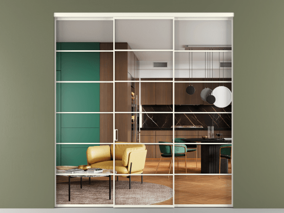 Алюминевая перегородка АЛПР 040.04_АЖМ_Crystalvision_new. Цвет Алюминий жемчужный. Материал Алюминий в эмали. Коллекция Перегородка Формато внутри проёма 3 створки. Картинка.