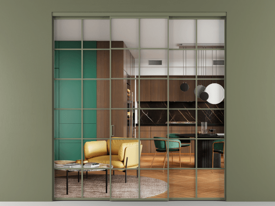 Алюминевая перегородка АЛПР 040.05_АОТ_Crystalvision_new. Цвет Алюминий оливковый тёмный. Материал Алюминий в эмали. Коллекция Перегородка Формато внутри проёма 3 створки. Картинка.