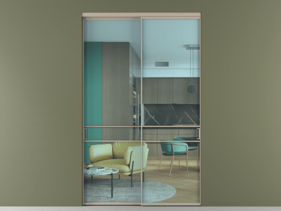 Алюминевая перегородка АЛПР 040.02_АБСК_ПРОЗ ГОЛ_new. Цвет Алюминий бисквитный. Материал Алюминий в эмали. Коллекция Перегородка Formato внутри проёма 2 створки. Картинка.