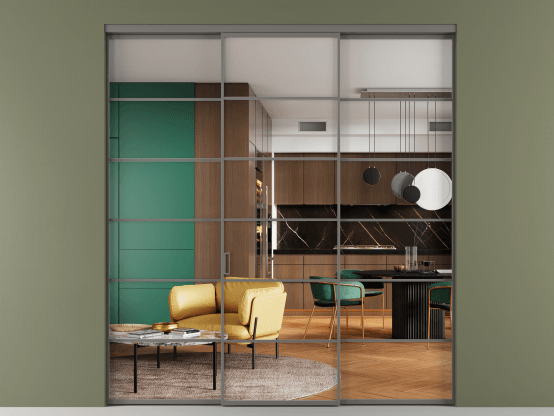 Алюминевая перегородка АЛПР 040.04_АКЛС_Crystalvision_new. Цвет Алюминий классический серый. Материал Алюминий в эмали. Коллекция Перегородка Формато внутри проёма 3 створки. Картинка.